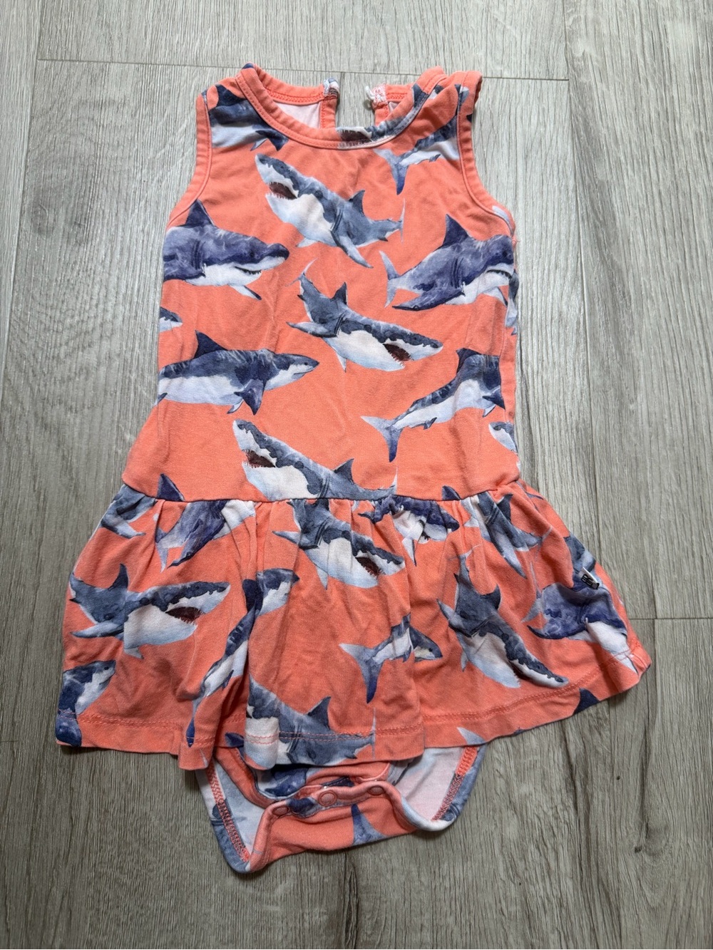 Bums & Roses Coral Shark Print Ruffle Baby Dress Onesie - Size 12-18M